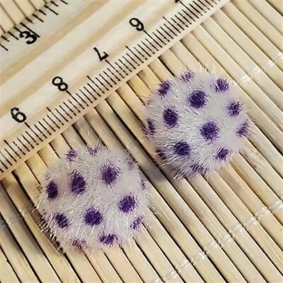 Hand Crafted Faux Fur Fuzzy Polka Dot Earrings Off White Purple - Picture 2 of 3